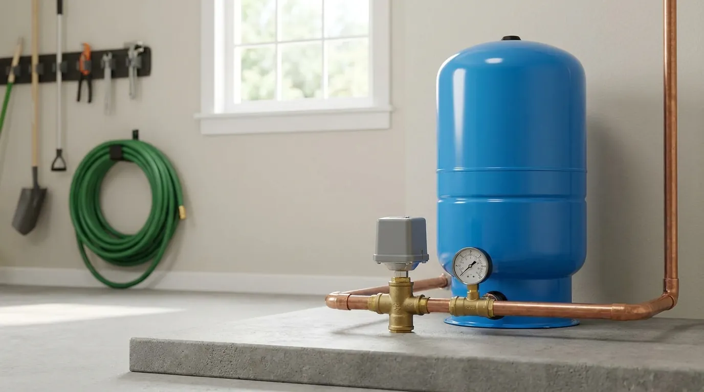 A well pressure tank and pressure switch in a Wichita-area utility space