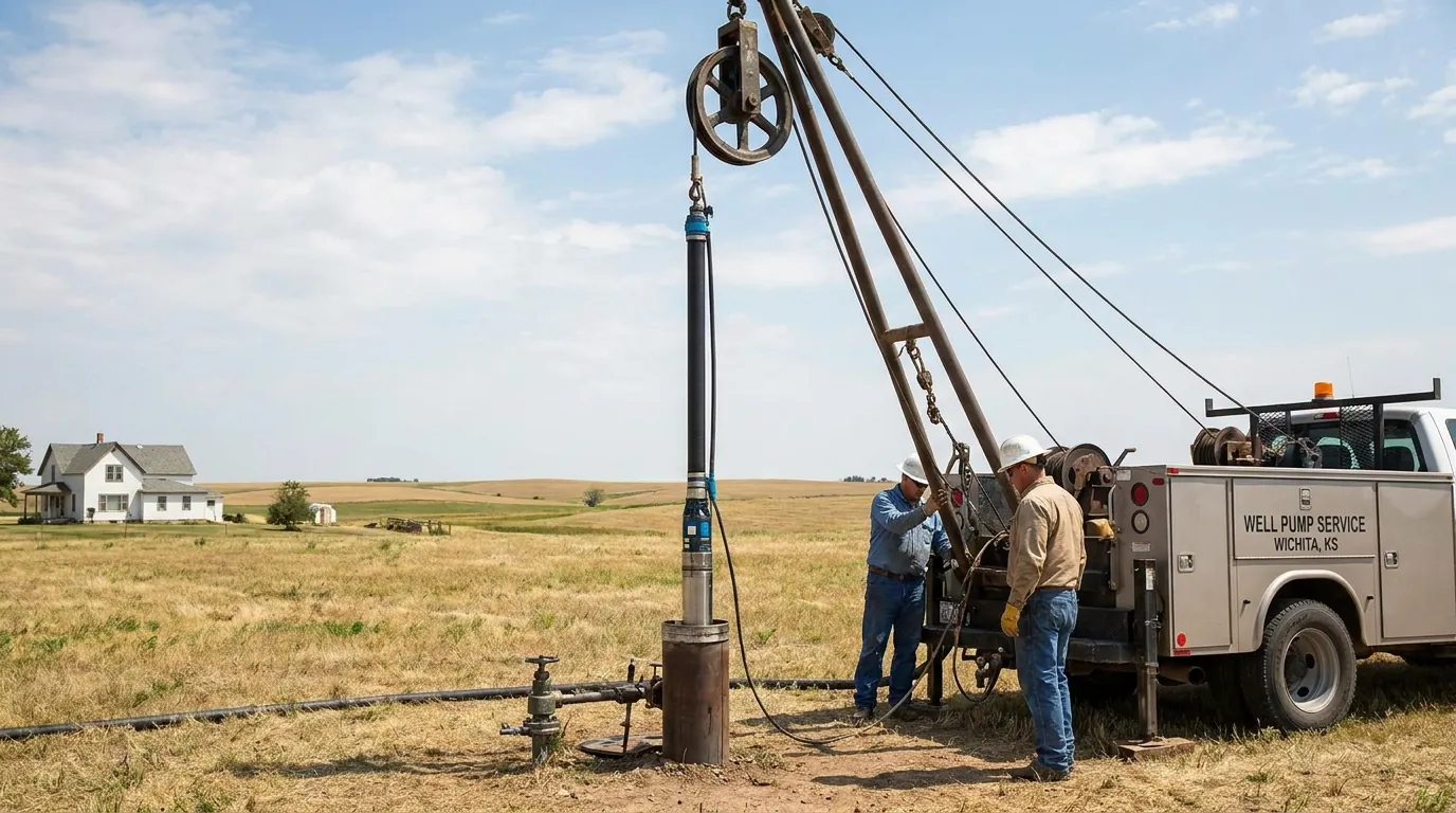 Submersible well pump and drop pipe laid out beside a Wichita wellhead