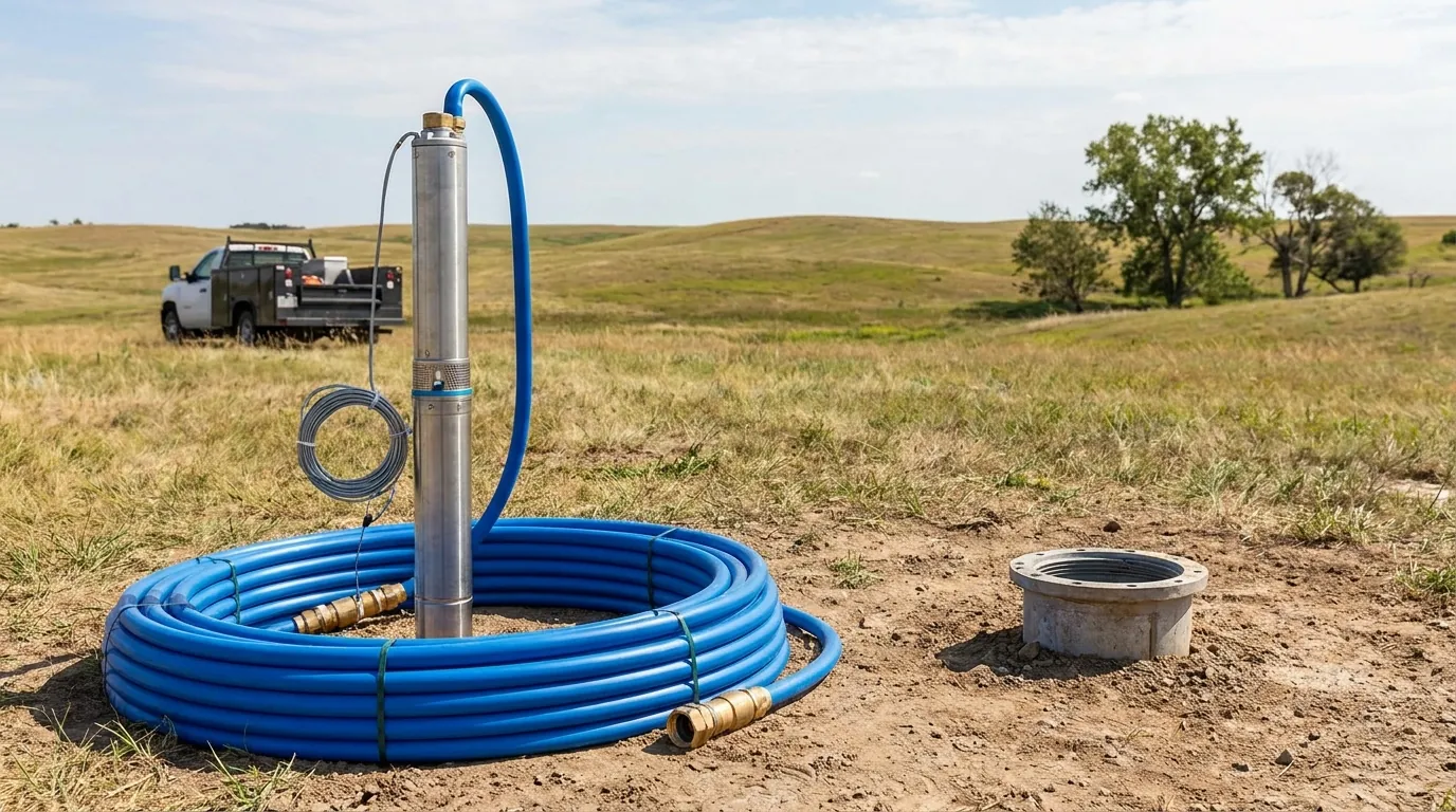 A replacement well pump and drop pipe staged beside a Wichita wellhead