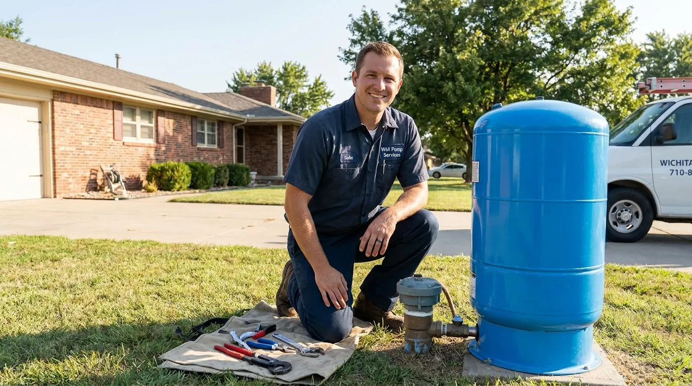 Well pump service technician checking a pressure tank at a Wichita home
